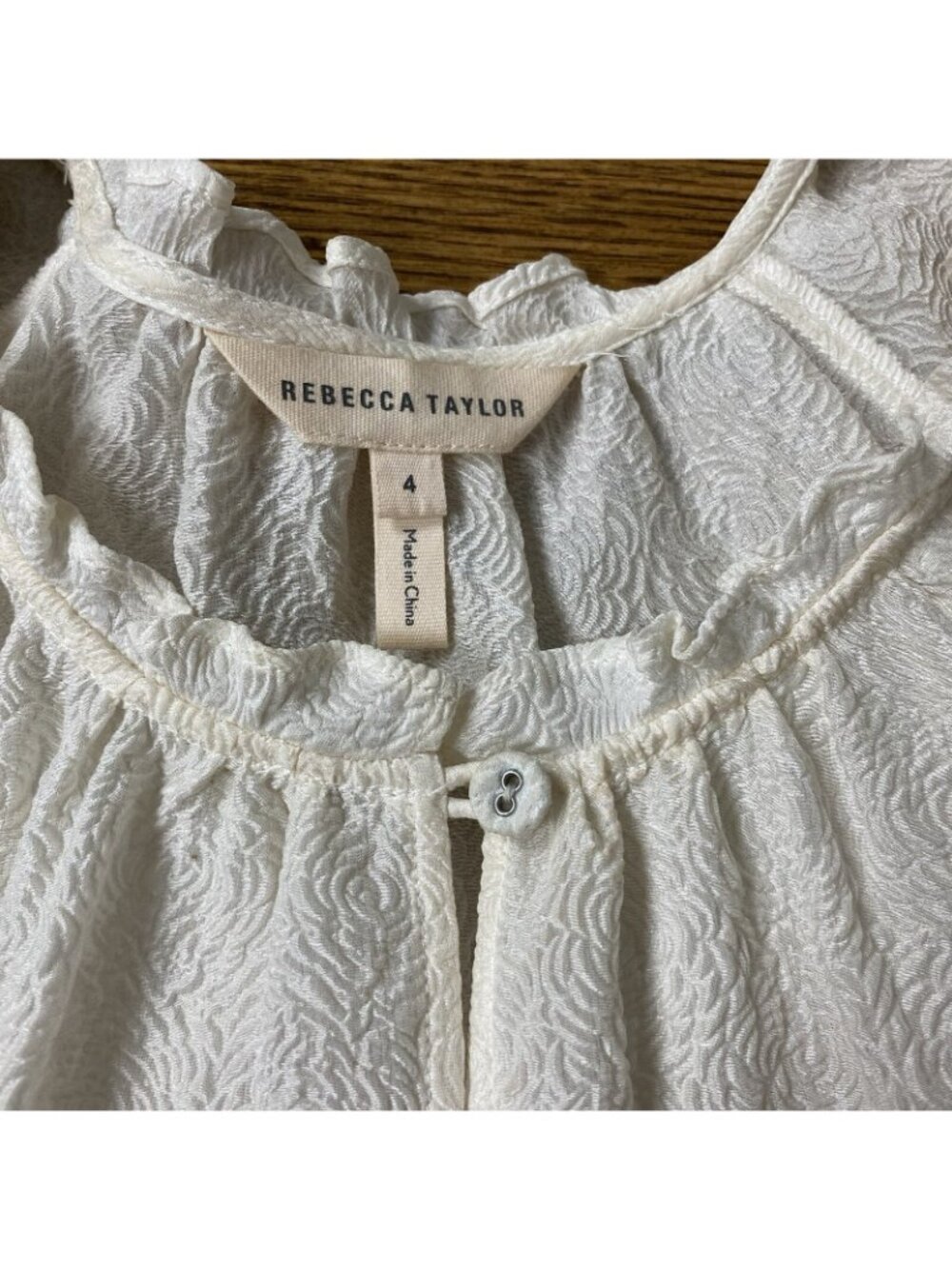 Rebecca Taylor Blouse 4 Textured Rose Silk Cloque Puff Sleeve Ruffle Ivory - Picture 4 of 11